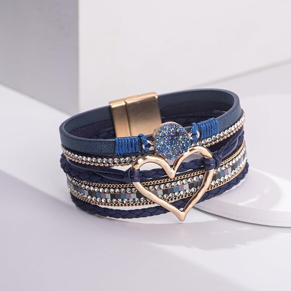 Leather Wrap Bracelets Boho Stackable Cuff Trendy Resin Stone Rhinestone Jewelry - Picture 6 of 9